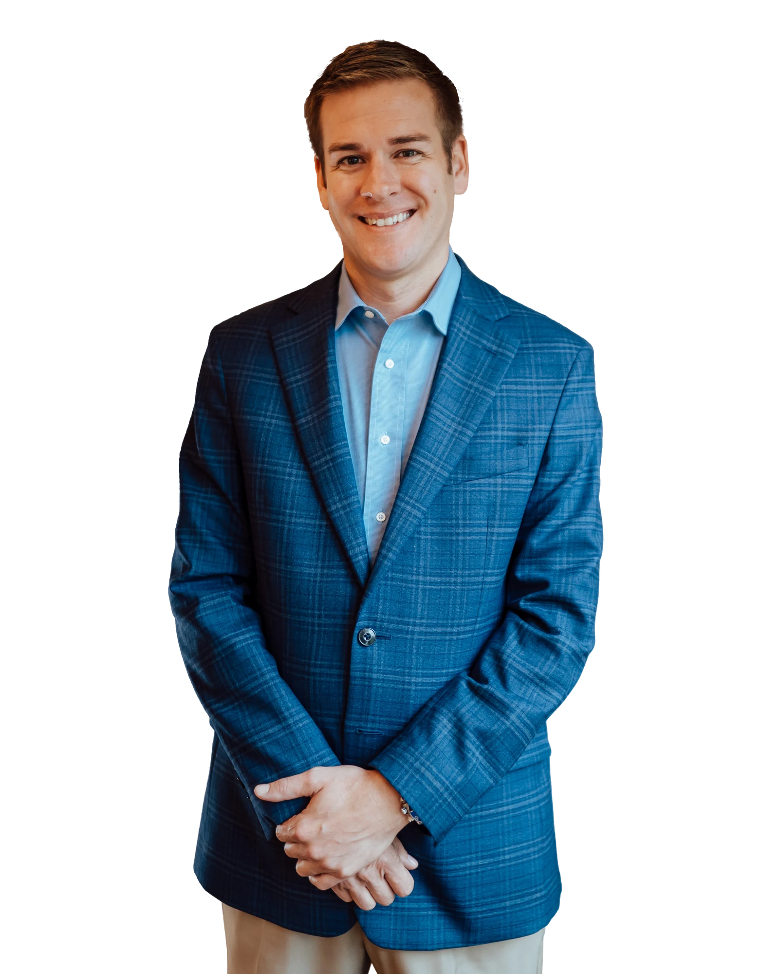 Eric Stimson, web designer and developer at Beach Bird Studios, in a blue plaid blazer