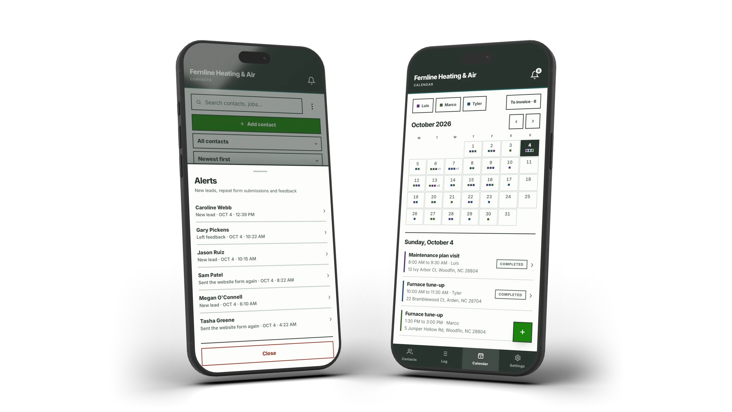 beachbird.app on two phones, one listing new lead and customer feedback alerts, the other showing a heating and air company's calendar with the day's scheduled jobs