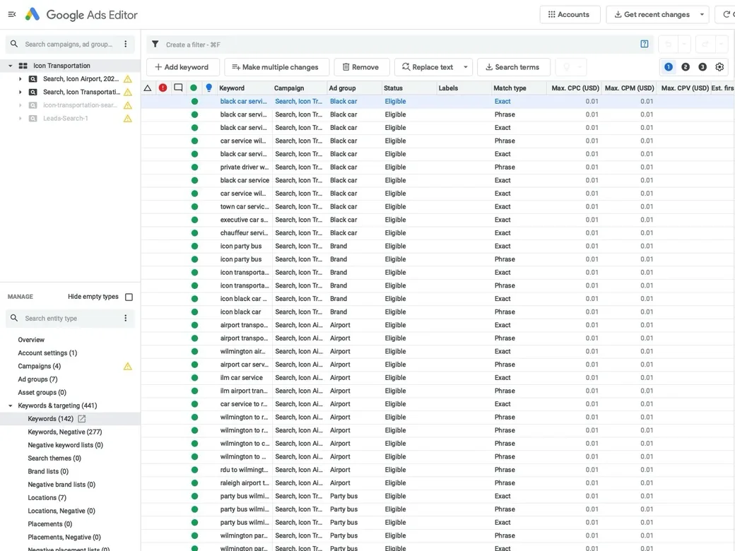 Icon Transportation's Google Ads search campaigns in Google Ads Editor, with black car, airport and party bus keywords by match type