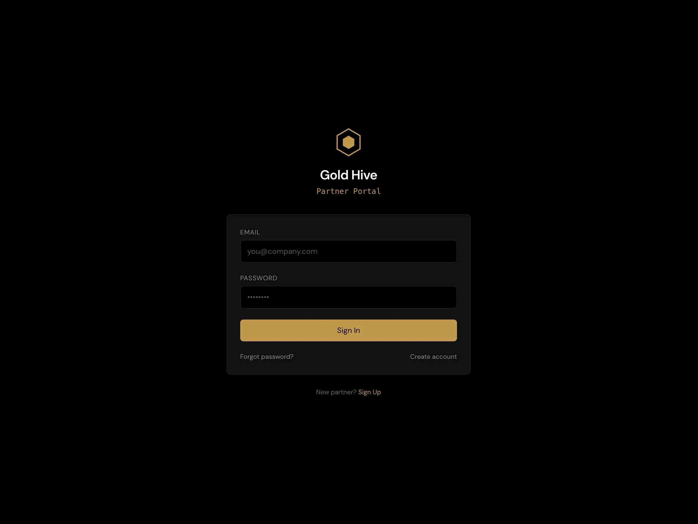 Gold Hive partner portal sign-in screen with email and password fields