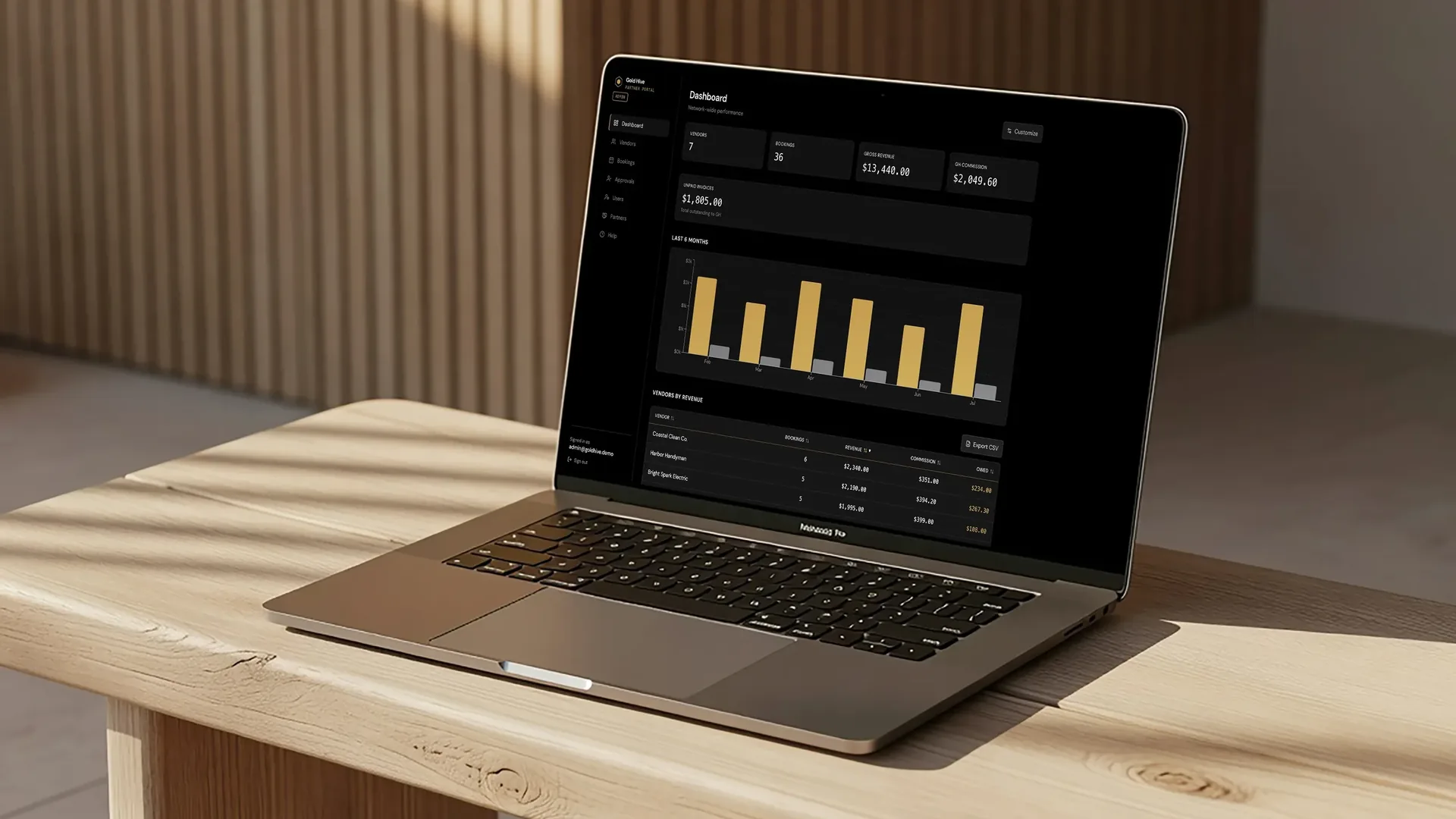 Gold Hive partner dashboard on a laptop, with booking and commission totals and a monthly bar chart