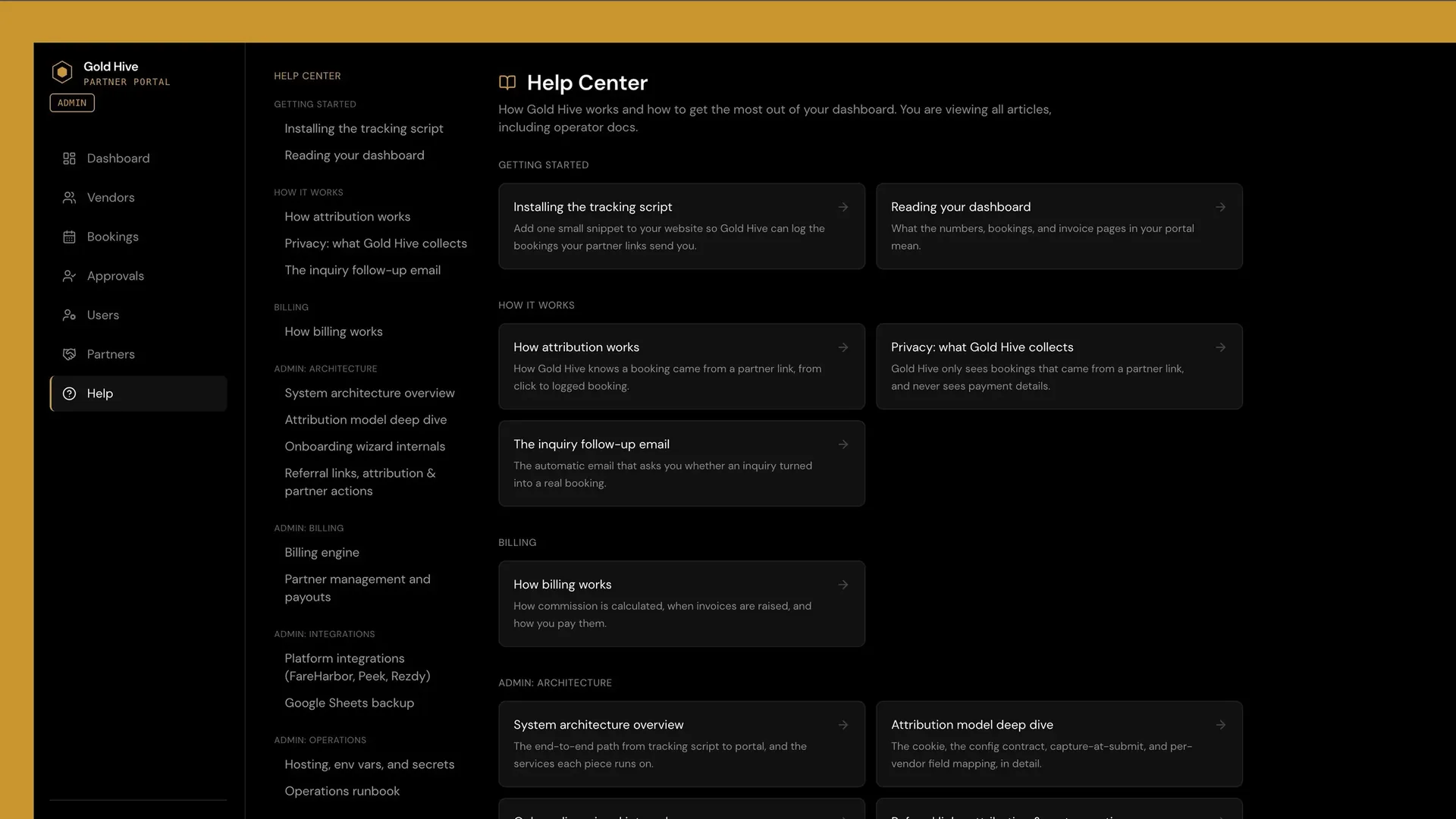 Gold Hive help center with guides on the tracking script, attribution, billing and the system's architecture