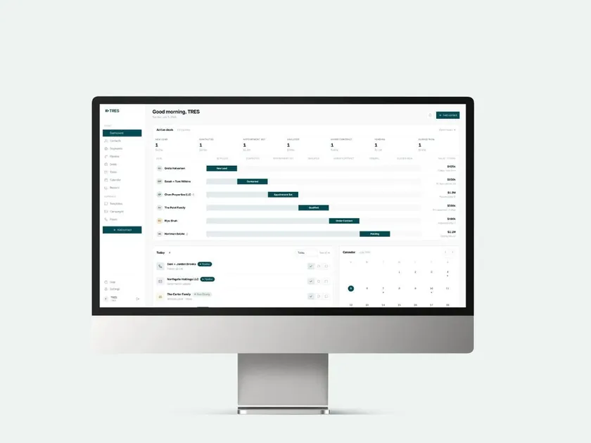 The TRES CRM dashboard on a desktop monitor tracks each active deal from new lead to closing.