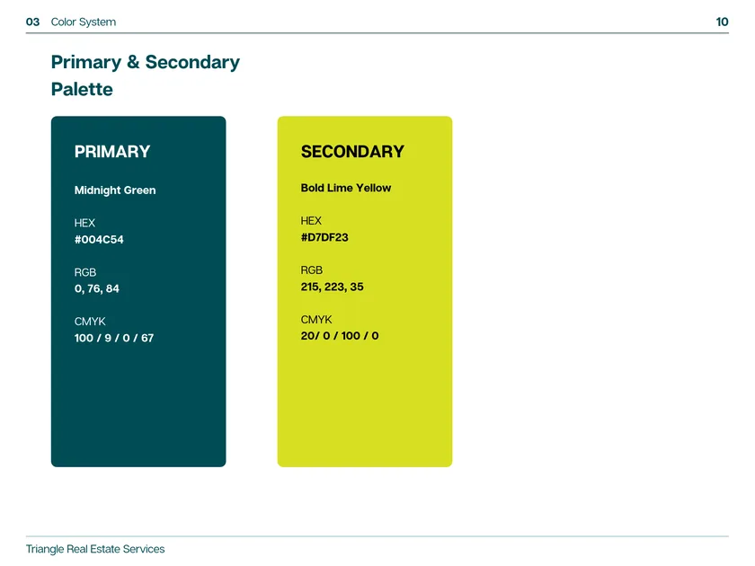 This page of the TRES brand guide sets the primary palette, Midnight Green and Bold Lime Yellow, with hex, RGB and CMYK values for each.