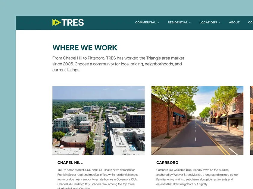 On the TRES website, the Where We Work page shows photos of Chapel Hill and Carrboro with a short guide to each town.