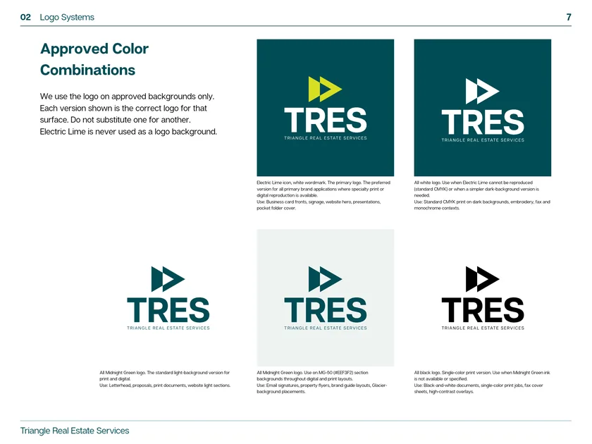 This page of the TRES brand guide shows the approved logo color combinations on Midnight Green, white and pale gray backgrounds.