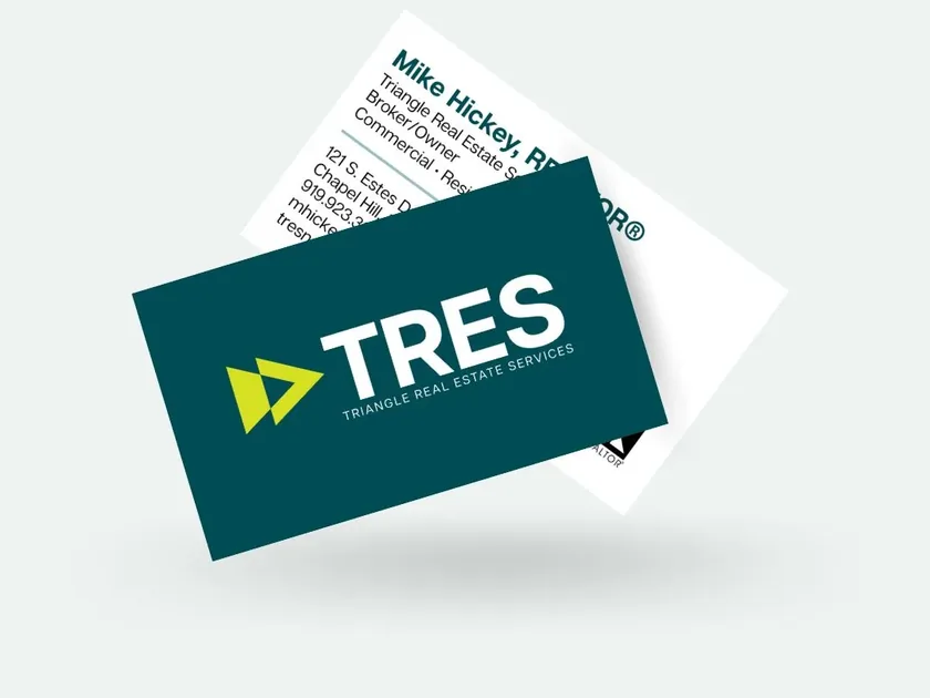 TRES business cards in Midnight Green carry the logo on the front and Mike Hickey's contact details on the back.