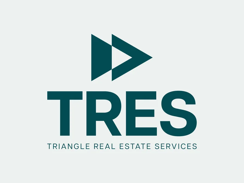 The stacked TRES logo sits in Midnight Green on a pale background, with the double-triangle mark above the wordmark and the Triangle Real Estate Services line.
