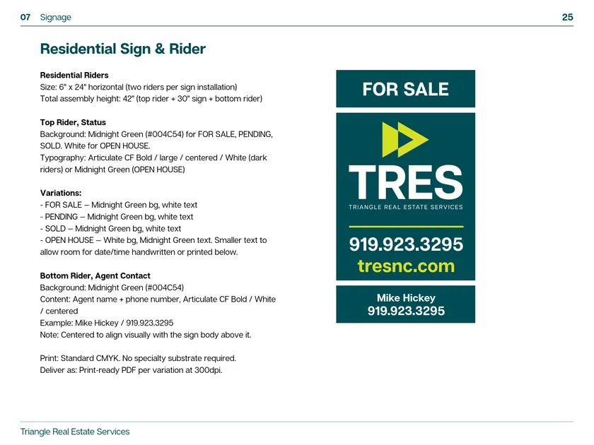 The residential section of the TRES brand guide sets the yard sign and riders beside a Midnight Green for-sale sign.