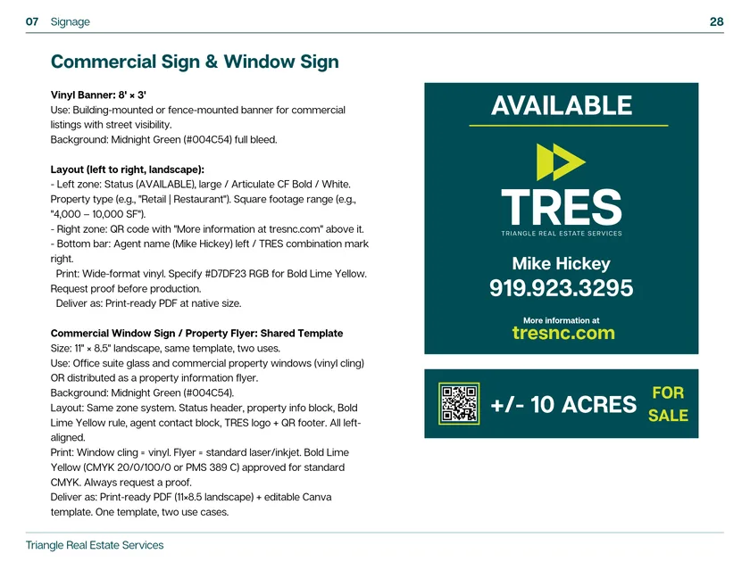 The signage section of the TRES brand guide sets the sizes for the commercial yard sign and window sign, shown beside the Midnight Green available sign and its acreage rider.